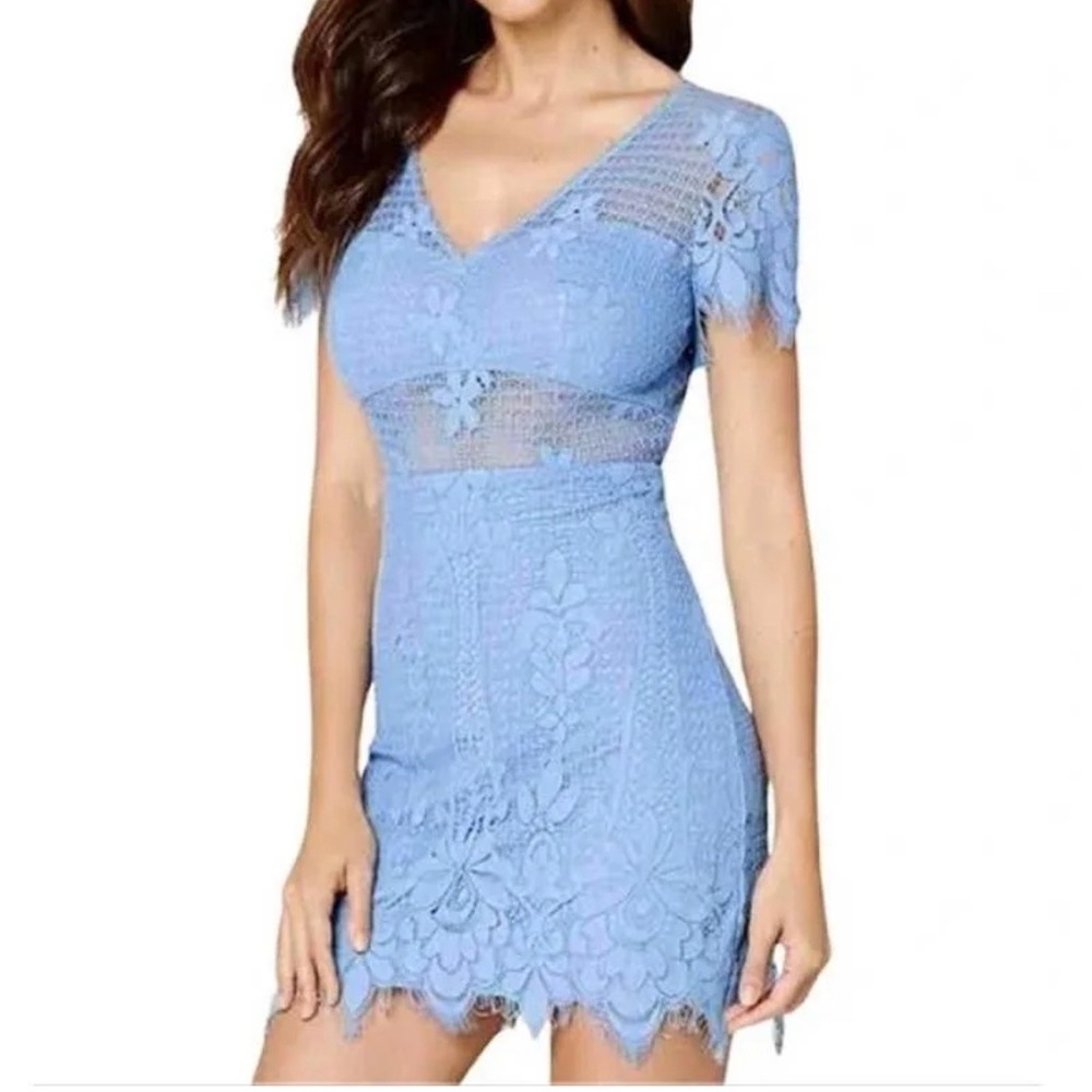 Bebe Tory Lace Dress - Baby Blue Fringe Short Sleeve - Keyhole Back